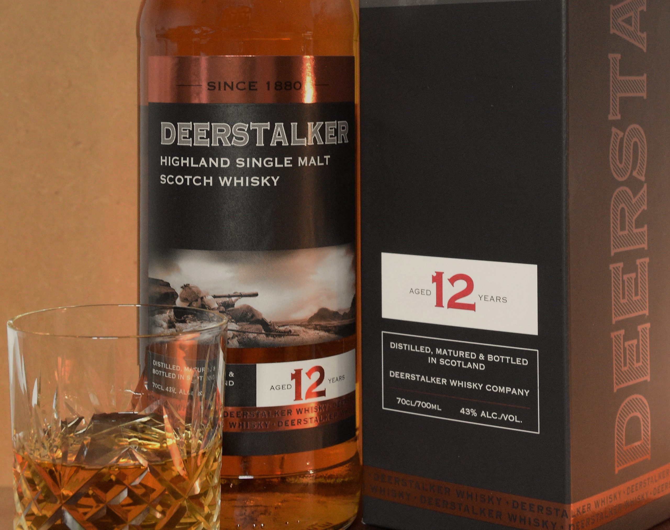 12 year old Deerstalker Whisky bottle and carton.